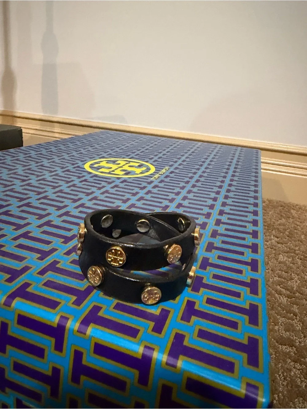 Tory Burch Black Double-Wrap Leather Bracelet with Gold Logo Studs